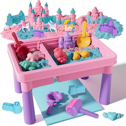 Lehoo Castle Unicorn Sensory Table with Sand 2.6Lbs, Sand Table with Lid | Sensory Activity Table with Adjustable Legs, Red & Blue Play Sand, Indoor & Outdoor Use, Preschool Learning Gifts for Toddler