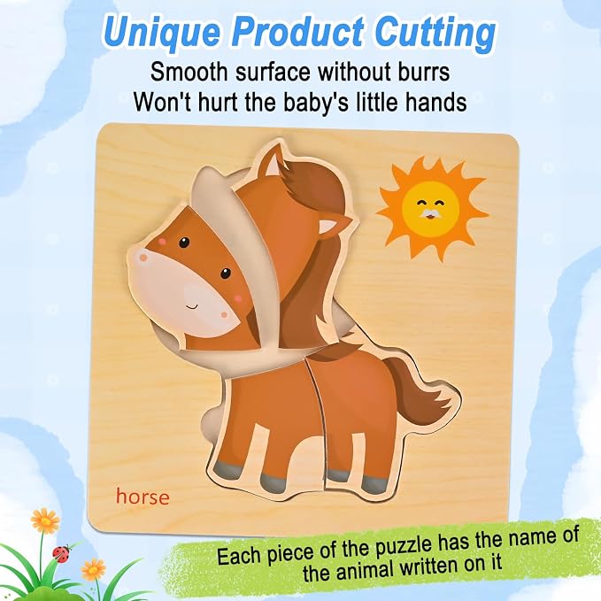 8pcs Wooden Puzzles for Toddlers 1-2-3-4, Farm Puzzles Ages 1-2-3-4 | Toddler Montessori Educational Jigsaw Toys, Preschool Puzzle Christmas Birthday Gift for Kids Girl Boy 1-4 Year Old