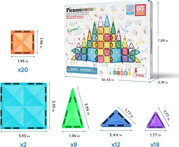PicassoTiles 60 pcs Mini Magnetic Tiles Magnet Toys Travel-Friendly On-The-Go Building Blocks for Kids Compact Lightweight Creative playset Preschool Montessori Early Learning STEM Kids Toy Ages 3+.