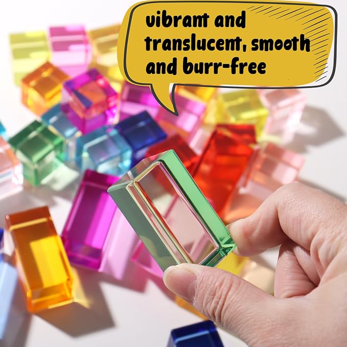 30 Pcs Mixed Acrylic Blocks Set - 10 Long (2.5x2.5x5CM) + 20 Cube (2.5x2.5x2.5CM) Rainbow Gem Blocks, Sensory Stacking Toy for 1 2 3 4 Years Old, Boys Girls Gift with Rich Building Possibilities