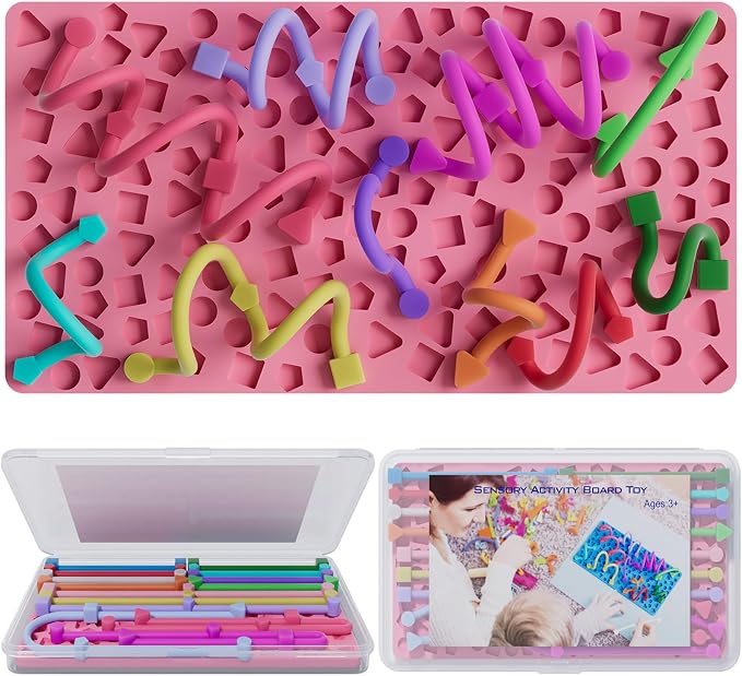 Sensory Activity Board for Kids Boys Girls, Fidget Toys for Stress Anxiety Autistic ADHD, Fidgets for Classroom Travel Airplane Toys for 3+ Year Old, Portable Travel Storage Box & 14 Strings