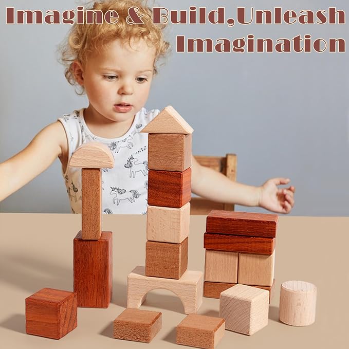 Adena Montessori 29-Piece Wooden Blocks Set, 3+ | Natural wood, 29 geometric solids for sorting, stacking & building. Boosts spatial reasoning & motor skills.