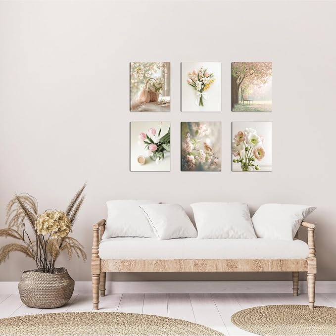 HOURIA 6Pcs Spring Flower Canvas Wall Art Set(8”x10”),Pink Green White Floral Botanical Wall Decor,Spring Nature Landscape Tulip Flowers Daisy Sparrow Art Prints for Farmhouse Living Room Bedroom Home