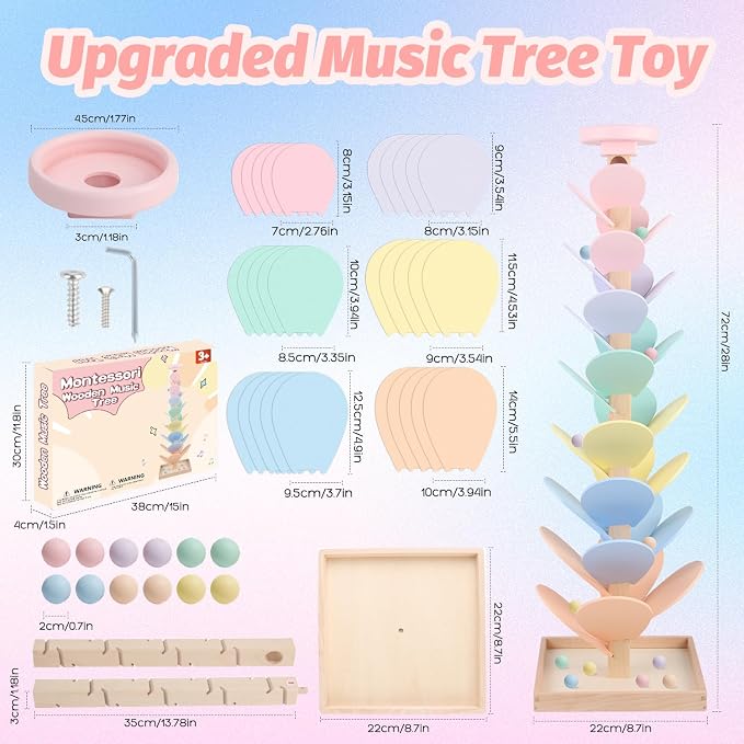 Wooden Marble Run Ball Drop Montessori Toy for 4-8 Boys Girls (Height: 28") | Kids Wood Music Tree Marble Ball Run Game 3-5 8-12 Years Old Learning Color Sorting Sensory Toys Birthday Gift