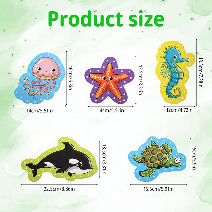 NQEUEPN 12pcs Lacing Cards for Kids, Double Sided Sea Animals Sewing Cards with 12 Colorful Laces Thickened Play and Learn Lacing Cards for Children Toddlers Developing Imagination Education Supplies