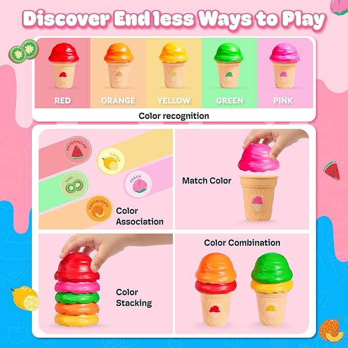JoyCat Ice Cream Sorting and Stacking Pretend Play Toy Set, 5 Cones | Stack scoops, match colors and serve pretend ice cream while practicing counting and fine motor play