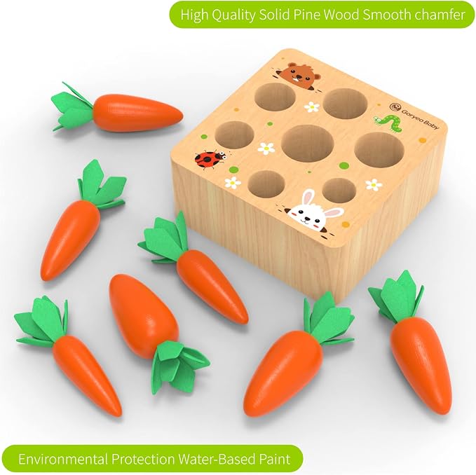 KMTJT Montessori Carrot Harvest Game Wooden Toy for 2 3 Year Old Toddlers | Educational Carrot Harvest Toy for Boys and Girls, Shape Sorting Matching Puzzle, Developmental Birthday Gifts