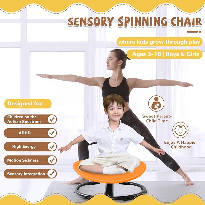Zhenx Spinning Chair for Autistic Kids (Ages 3-18), Autism Sensory Toy Gift | 220LBS Capacity Sensory Swivel Seat for ADHD Kids, Autism Sensory Products, Calming Gift Improve Focus & Body Balance(Orange)