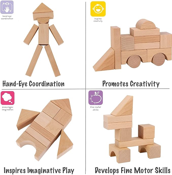 100 Pcs Wooden Blocks for Toddlers 1-3 Building Blocks for Kids | Storage Container with Shape Sorter Lid - Natural Beech Wood Blocks - Preschool Learning Toys Stacking Block