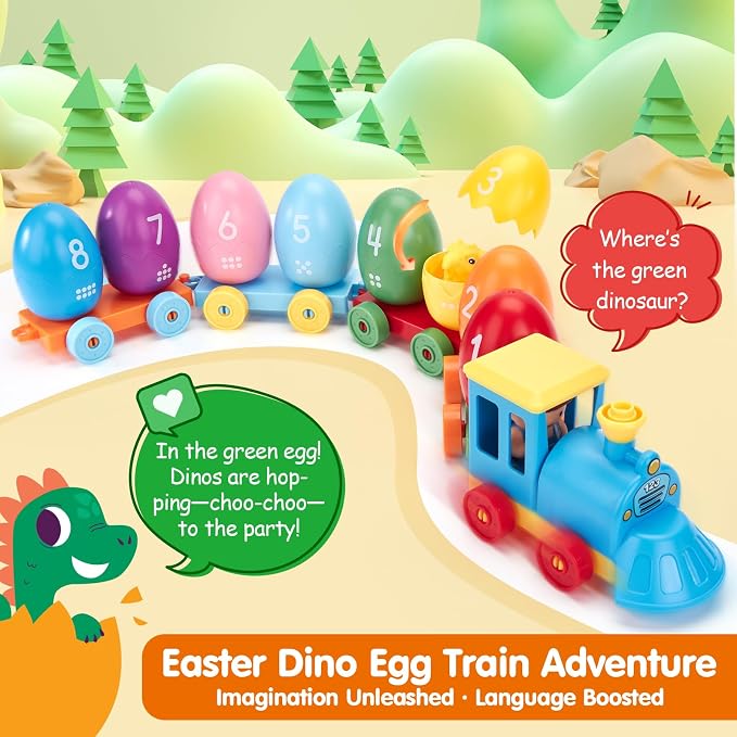 hahaland Montessori Dinosaur Train Set, Learning Toy for Toddlers Ages 2-3 | 22-piece set with 8 dinosaurs, 8 numbered sorting eggs, a buildable train, 2 dinosaur stickers and an adventurer figure.