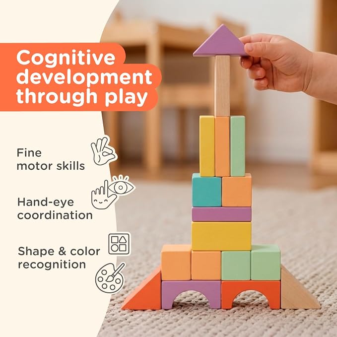 Nene Toys 100-Piece Wooden Building Blocks for Toddlers 1-3 - Bright Colorful Montessori Stacking & Sorting Toy - 11 Shapes, Vibrant Colors - FSC-Certified Wood Gift for Boys & Girls 1-4