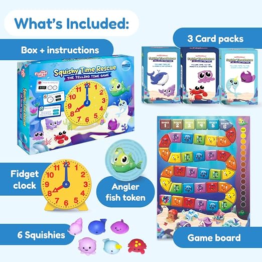 The Fidget Game Squishy Time Rescue - Telling Time Game for Kids Ages 6-11 | Grades 1-5 Multisensory Hands-On Learning Board Game with Manipulatives, Classroom Must Have