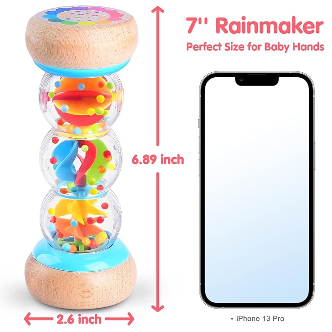 Rainmaker - Montessori Baby Toys for 6-12 Months 1 Year Old, Newborn Baby Rattle Shaker Sensory Toy, 7 inch Wooden Rain Stick Baby Musical Toys for 6 7 8 9 10 Month Infant Toddlers Gift