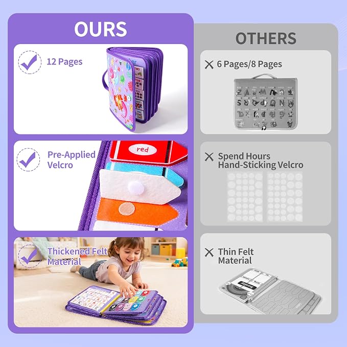 Toddler Busy Board Montessori Busy Book for Kids, Educational Activity Book | 24 in 1 Quiet Learning Sensory Toys for Motor Skills, 12-Page Travel Toy for Car Airplane, Girl Birthday Gift (Mermaid)