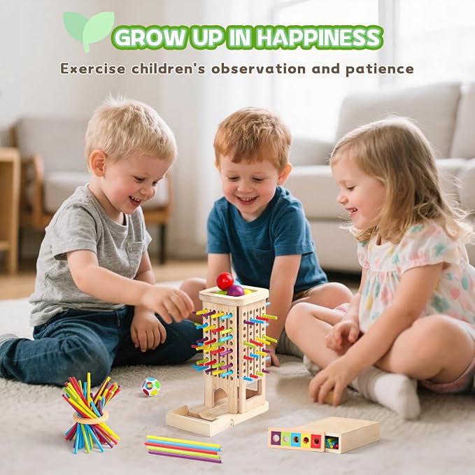 Montessori Toys for 3 Year Old, Fine Motor Skills Pick Up Sticks Ball Drop | Stacking Game, 40 Colorful Sticks & Dice, Educational Math Games, Interactive Family Game Night Gift for Kids 4 5 6 7 8