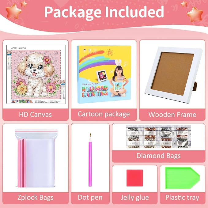 Gemozaic Dog Diamond Art Kits for Kids Ages 4-8-12 with Frame, 7 x 7 Inch | Cute Puppy Diamond Art for Kids 4 6 10 Year Old, Easy Kid Big Gem Painting, DIY Animal Arts and Crafts for Girl Birthday Gift
