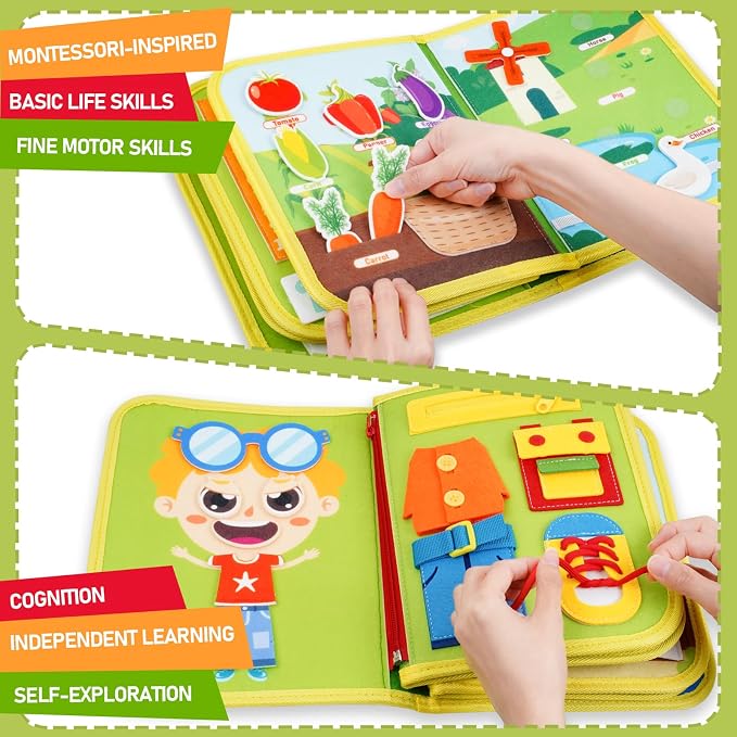 Montessori Busy Book for Toddlers 1-3, 20-in-1 Quiet Book with Bonus Animal Finger Puppets, Sensory Travel Activity Book for Toddlers, Educational Toy for Fine Motor Skills & Early Learning