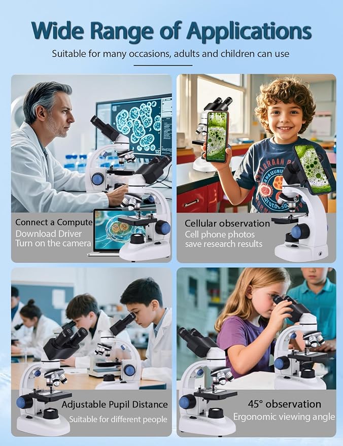 Microscope for Adults WF10x and WF25x eyepieces, 40X-2000X Magnification USB Camera, Microscope for Adults Suitable for Laboratory School (Binocular Microscope Without Gift Bag)