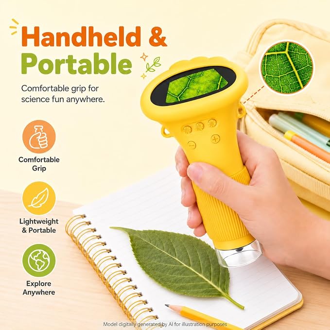 1000X Kids Microscope Handheld Camera, 2'' Screen Wonder Quest Microscope Camera for Kids, Educational Magnifying Glass Toy, Christmas Birthday Gifts for Age 3 4 5 6 7 8 9 10 11 12 Girls Boys - Yellow