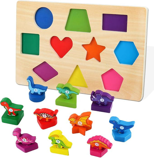 Scuwtocn Dinosaur Shape Puzzle Wooden Montessori Toys for 2 Years Old | Educational Learning Toy for Toddlers 1-3 Years, Color Recognition Wooden Blocks with Numbers