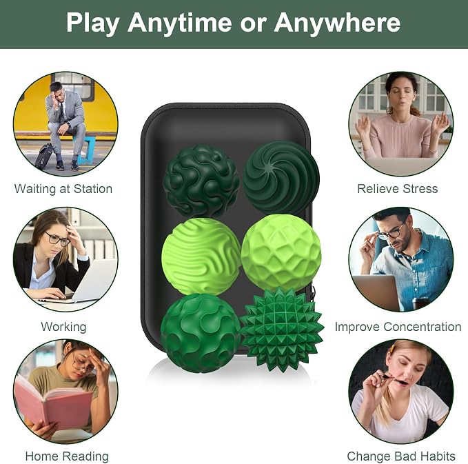 BUSOHA Silicone Magnetic Fidget Balls - 6 Pack Fidget Toys for Adult | Six Unique Textures Sensory Support,Quiet and Silent Stress Relief,Lightweight,Office,Travel,Anxiety,ADHD,Green