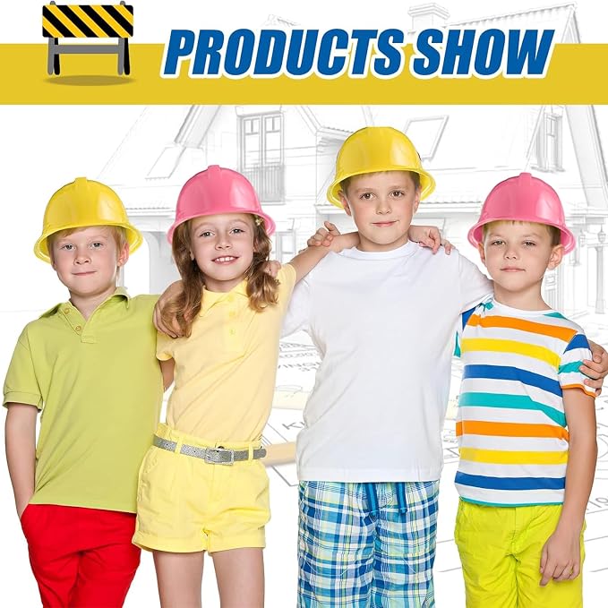 Sumind 48 Packs Construction Party Hats Kids Plastic Worker Helmet Bulk Toy for 3-8 Years Children Dress up Party Supplies (Pink, Yellow)