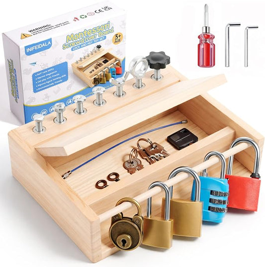 INIFEIDALA Montessori Screwdriver Board Set - Lock and Key Toy | Busy Board Toys for 3 4 5 Year Olds Boy Birthday Gifts,Kids Tool Set,Preschool Learning Sensory Fine Motor Skills STEM Toys