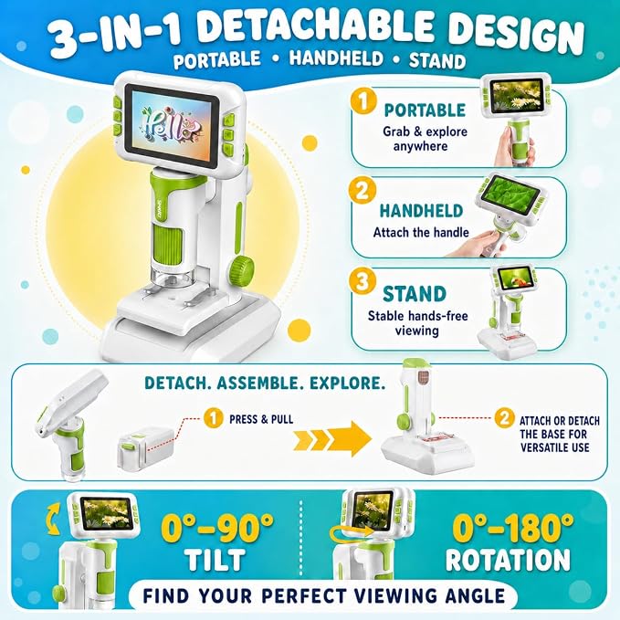 1600X Microscope for Kids, 4K 4.0" Digital Screen Kids Microscopes with Slides Kit, Handheld Microscope, Science Kits for Kids, STEM Toys for Christmas Birthday Gifts for 3-14 Girls Boys Child (Grey)