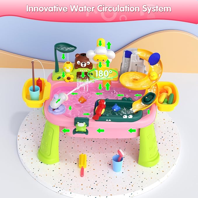 Water Table for Toddlers 1-3, Outdoor Toys for Kids Ages 4-8 with Pump, Kitchen Play Sink with Running Water, Fishing Toys Playset, Summer Outside Sand Water Sensory Activity Pool Toys Gifts, Pink