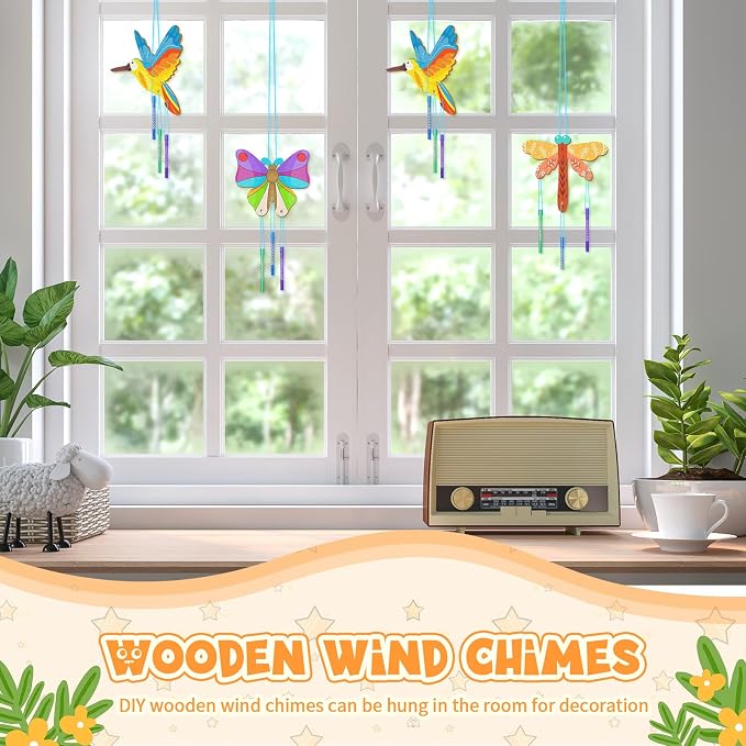 Leinuosen 30 Pcs Wind Chime Kit Make Your Own Hummingbird Crafts for Kids | DIY Hummingbird Windchimes Crafts Decorative Coloring Wooden Crafts for Spring Summer Party Art Activities Home Patio Decor