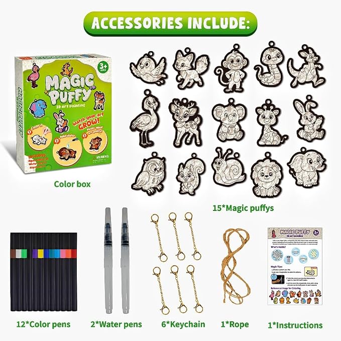 Artnedu Magic Puffy Paint 3D Art Kit - Animals,Mess-Free Color Activity | Paint By Number Craft Kits for Kids,DIY keychain,Travel Toys & Creative Gift for Ages 4, 5, 6, 7, 8, 9, 10