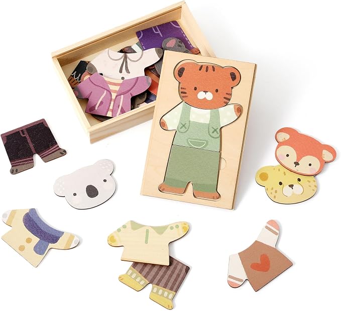 Wooden Animal Dress-Up Puzzle for Ages 3+, 21 Mix-and-Match Pieces with Storage Box, Montessori Matching Toy for Fine Motor Skills and Imaginative Play, Birthday