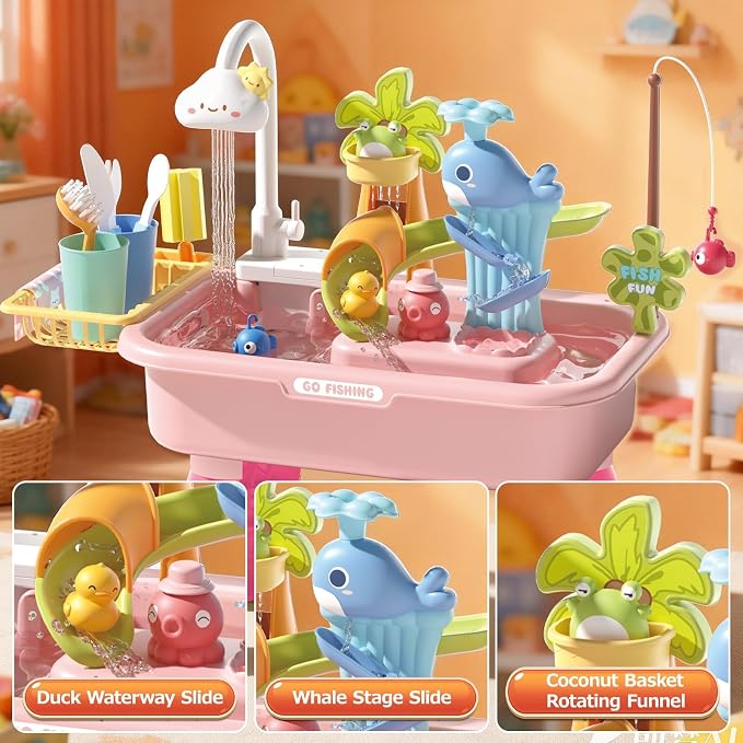 Water Table for Toddlers 1-3 Fishing & Sink Pink | Kids Sand Water, 43 Accessories 4L Basin, Fishing & Kitchen Sink Play. Perfect Summer Gift for Kids Ages 3-8