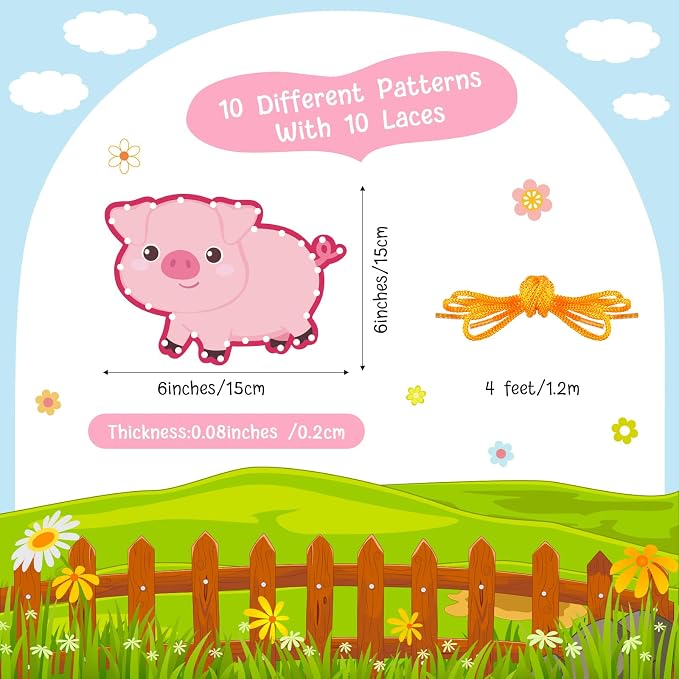 10 Pcs Kids Lacing Cards Double Sided Animal Sewing Cards Kits 10 Styles Lacing Toy Crafts for Toddler Ages 6+ Developing Imagination Preschool Learning Activity Supplies(Farm Style)
