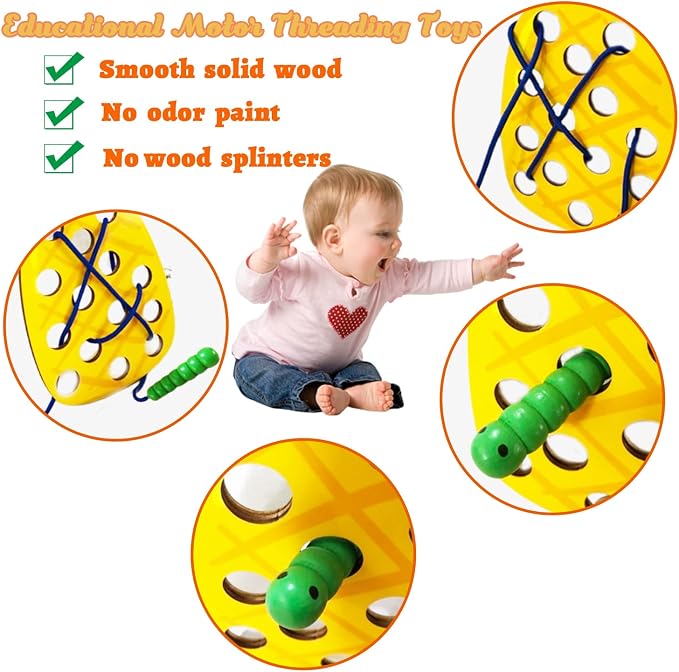 4 Pack Wooden Lacing Toy,Educational Threading Activity Puzzles,Learning Fine Motor Skill Travel Toy,Wooden Fruit Threading Set for Toddlers Kids 3 4 5 Year 1 Apple,1 Watermelon,1 Pineapple,1 Pear