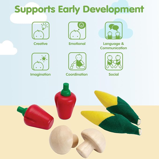 PlanToys® Wooden Fresh Produce Corn, Mushrooms & Bell Peppers Kids Play Set | slicing, knife, fruits and vegetables toys, pretend food, girls, boys, fine motor role imaginative social gift preschool