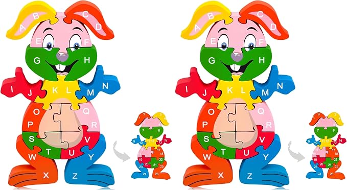LovesTown Wooden Puzzles for Kids, Double Sided Rabbit Jigsaw with Alphabet & Numbers, Montessori Educational Toy for Toddlers, Chunky Animal Gift (Pack of 2)