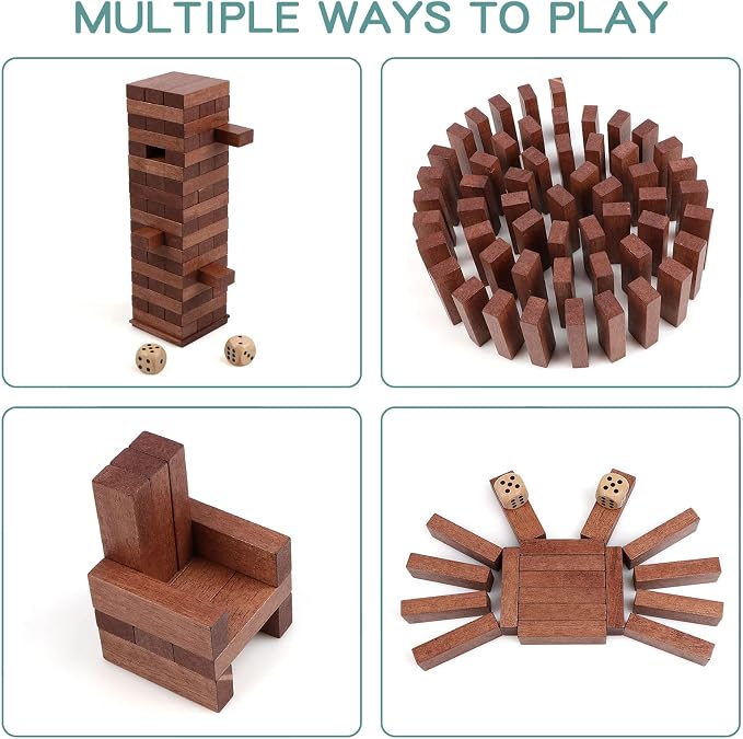 54PCS Tumbling Tower Game Wooden Blocks Stacking Game for Kids Adult Family | Canuan Wooden Tumbling Tower for Party Camping, Classic Stacking Blocks Wooden Board Tabletop Games with Storage Box Dices