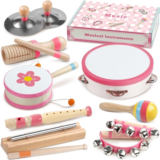 Baby Musical Instruments - Montessori Wooden Musical Toys for Toddlers Kids | 10pcs Tambourine Percussion Instruments Set, Preschool Music Learning Sensory Toys, Educational Birthday Gifts for Boys Girls