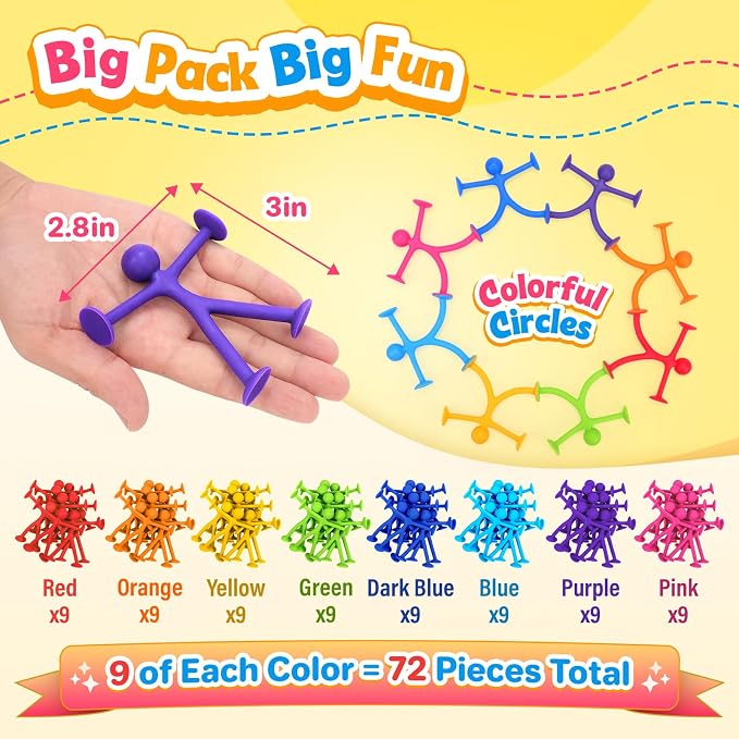 Suction Cup Fidget Toys Bulk for Kids, 72 Pack Stretchy Silicone Fidgets with Storage Box, Bulk Fidgets for Classroom Prizes, Party Favors, Goodie Bag Stuffers, Sensory Toys Ages 3+