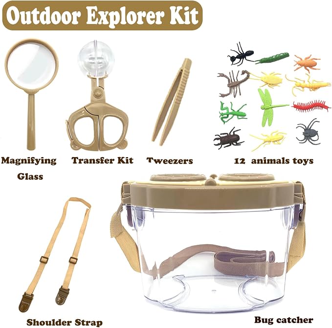 Bug Catcher Kit, Kids Bug Collection Kit, Outdoor Nature Explorer Kit, Science Educational Kit with Tweezers, Magnifying Glass, Bug Observation Container(Gold)