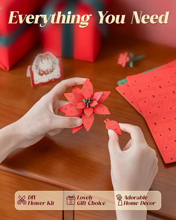 Rowood 3D Puzzles for Adults,Poinsettia Building Set Craft Kit,Artificial Flower Botanical Collection,Christmas Flowers Decoration Centerpiece for Table