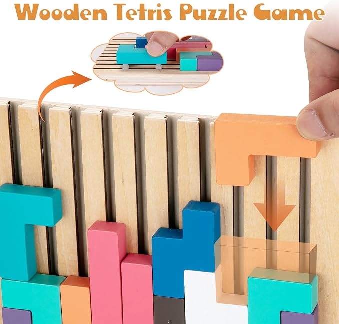 BSADIY Montessori Brain Blocks Wooden Stacking Puzzle Toy for 3-6 Year Old | Educational Montessori Toys for Kids, Colored 3D Russian Block Stacking Jigsaw Tetris Puzzle, Giant Building Block Board Game