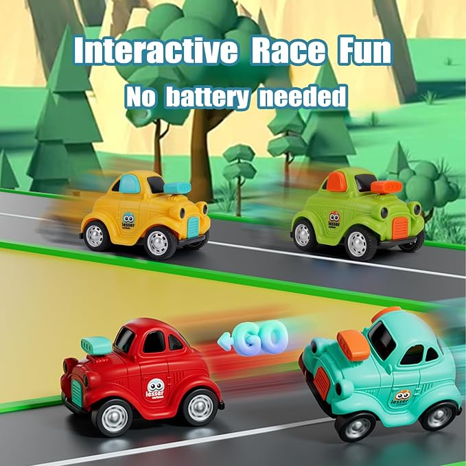 Inertial Push and Go Cartoon Car Toys for Toddlers Baby | Friction Powered Race Vehicles for Kids, 1st Birthday Gift for Boy Girl