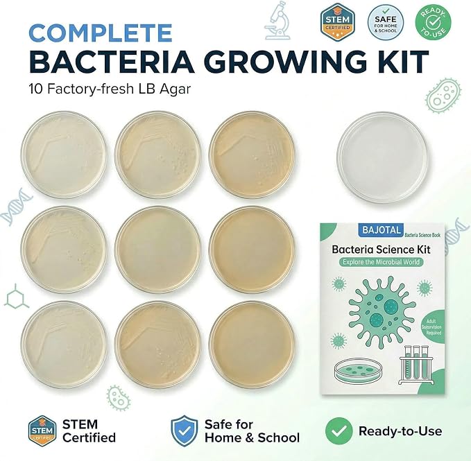 Bacteria Growing Kit with Pre-Poured Agar Plates | LB Agar Petri Dishes for Kids, Students | Ready-to-Use for Science Fair Projects, School Labs & Home Experiments