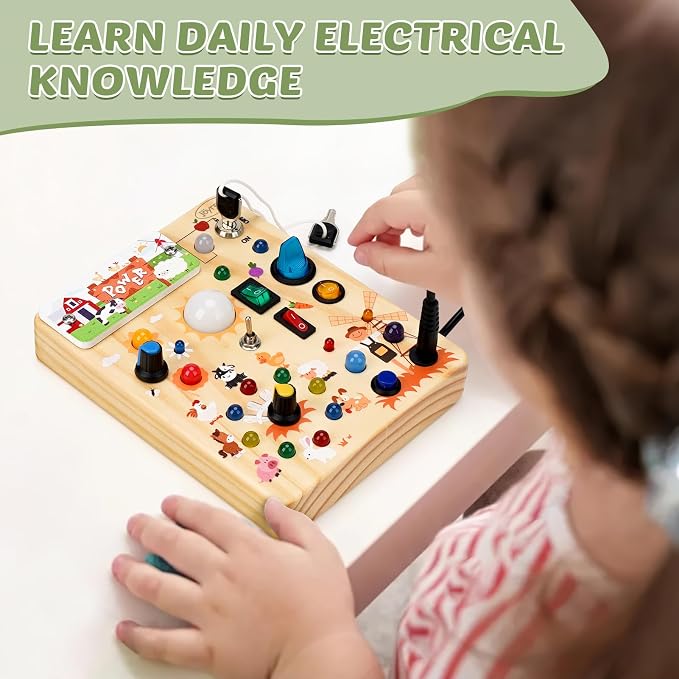 Joyreal Wooden Busy Board for Toddlers - Montessori Toys for 1 2 3 Year Old | Sensory Activity Board with 10 Switches & 19 Lights, Toddlers Activity Travel Toys for Boy & Girl Birthday Gift (Farm Theme)