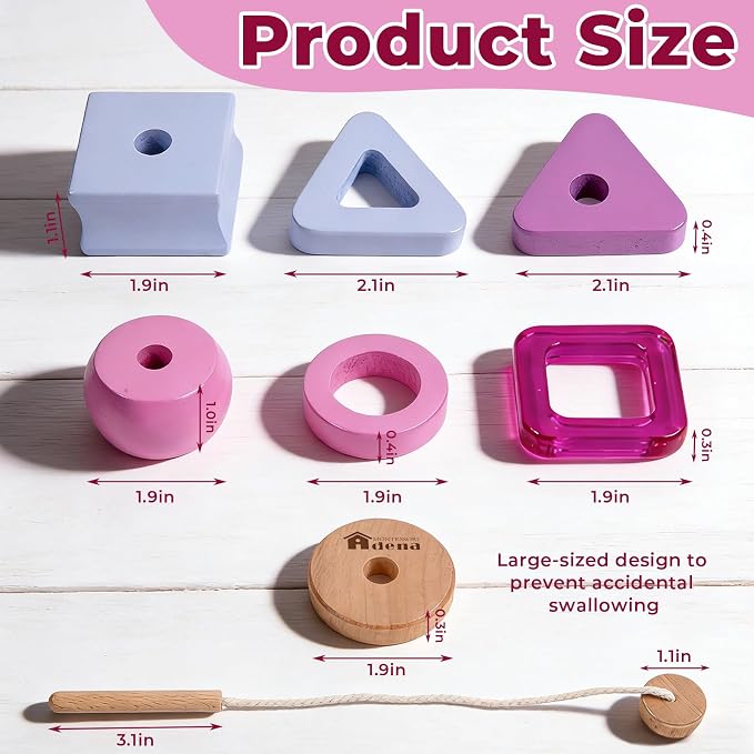 Adena Montessori Wooden Stringing Beads Set, Purple, 1-3y | Safe wood, 25+ beads with string. Lacing builds fine motor, hand-eye & patience. Montessori learning. Gift 1-3y.