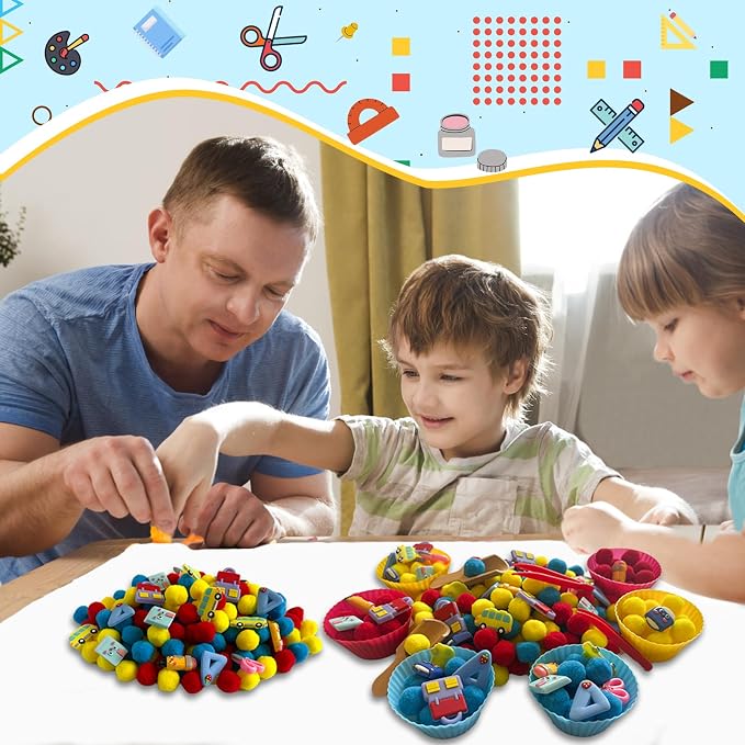154Pcs Back to School Sensory Bin Filler Fine Motor Toys Stationery Sensory Bin Items Counting Sorting Toy for Preschool Education Activities Include Pom Poms Pen Scissors Notebooks Cup