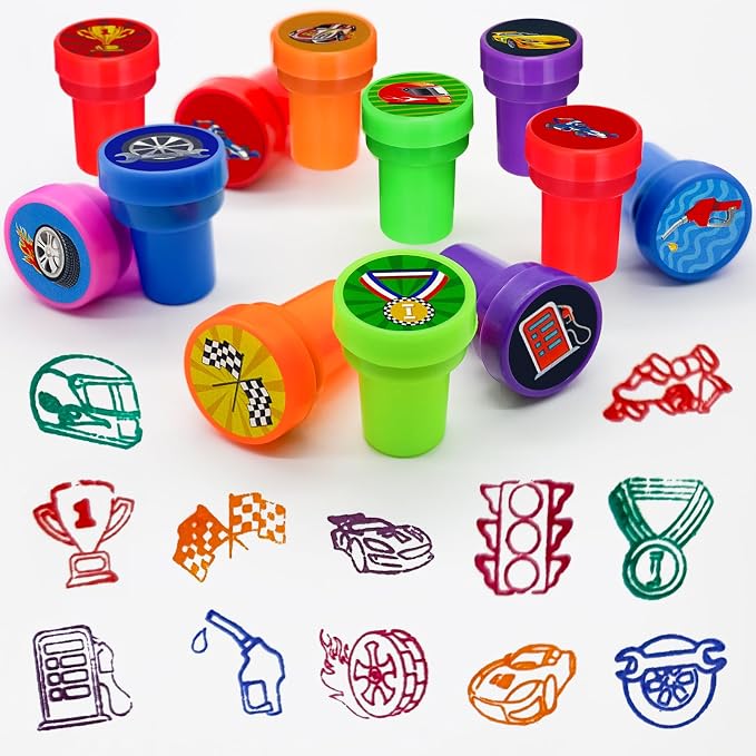 Cinrobiye 24 Pcs Race Car Stampers Party Favor Set, Cute Racing Car Stamps for Kids Birthday Party, Classroom Rewards, Carnival Prizes, Goody Bag Fillers, Racing Themed Party Supplies