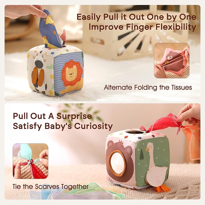 Youuys Baby Tissue Box Toy for Babies 6-12 Months, Montessori Sensory Toys for 1 Year Old Boy, Infant Toy with Crinkle Tissues & Fine Motor, for 6 9 12 18 Months Old Kids 1st Birthday